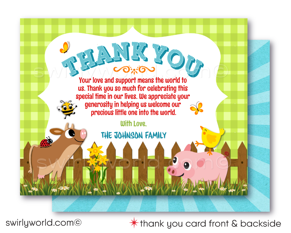 Invite joy with Swirly World's Farmer Barnyard Baby Shower Invitation set! Featuring a cow, lamb, pig, bee, and ladybug, this gender-neutral printed invitation sets a festive farm atmosphere. Includes invitations, thank you cards, and envelopes, all customizable for a charming celebration of your little one.