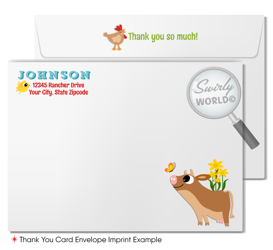 Invite joy with Swirly World's Farmer Barnyard Baby Shower Invitation set! Featuring a cow, lamb, pig, bee, and ladybug, this gender-neutral printed invitation sets a festive farm atmosphere. Includes invitations, thank you cards, and envelopes, all customizable for a charming celebration of your little one.