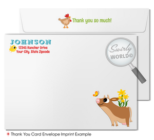 Invite joy with Swirly World's Farmer Barnyard Baby Shower Invitation set! Featuring a cow, lamb, pig, bee, and ladybug, this gender-neutral printed invitation sets a festive farm atmosphere. Includes invitations, thank you cards, and envelopes, all customizable for a charming celebration of your little one.