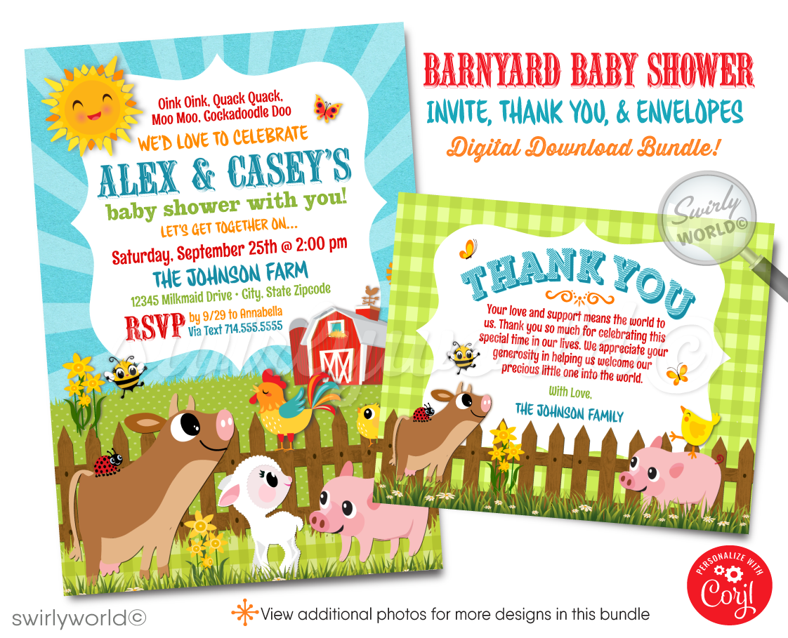 Invite joy with Swirly World's Farmer's Barnyard Baby Shower Invitation! Featuring a cow, lamb, pig, bee, and ladybug, this gender-neutral digital download sets a festive farm atmosphere. Includes invitations, thank you cards, and envelopes, all customizable for a charming celebration of your little one.