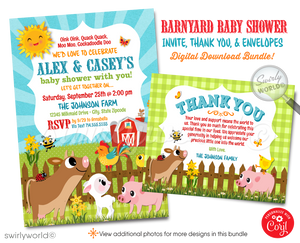 Invite joy with Swirly World's Farmer's Barnyard Baby Shower Invitation! Featuring a cow, lamb, pig, bee, and ladybug, this gender-neutral digital download sets a festive farm atmosphere. Includes invitations, thank you cards, and envelopes, all customizable for a charming celebration of your little one.