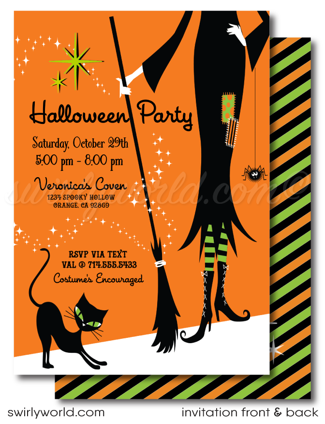 Make your Halloween celebration FANGtastic with our retro-modern invitation! Featuring vibrant colors, a whimsical witch, black kitty, and cheeky spider, this BOO-tiful design is perfect for your party. Easily customize with our self-editing app and download instantly to share via post, print, text, or Evite.