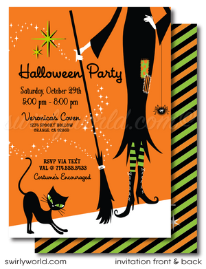 Make your Halloween celebration FANGtastic with our retro-modern invitation! Featuring vibrant colors, a whimsical witch, black kitty, and cheeky spider, this BOO-tiful design is perfect for your party. Easily customize with our self-editing app and download instantly to share via post, print, text, or Evite.