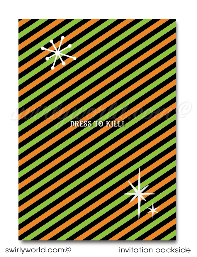 Make your Halloween celebration FANGtastic with our retro-modern invitation! Featuring vibrant colors, a whimsical witch, black kitty, and cheeky spider, this BOO-tiful design is perfect for your party. Easily customize with our self-editing app and download instantly to share via post, print, text, or Evite.