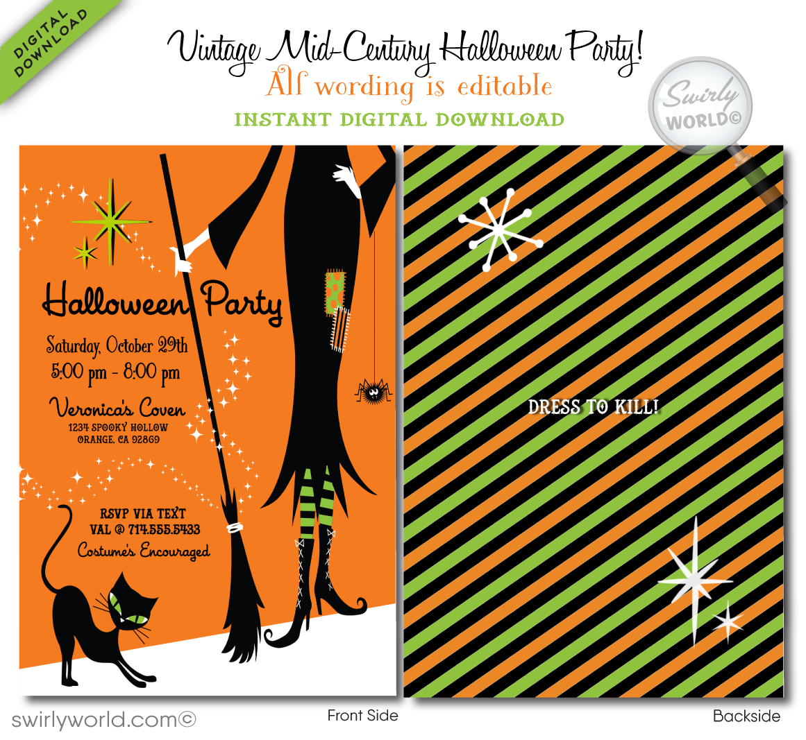 Make your Halloween celebration FANGtastic with our retro-modern invitation! Featuring vibrant colors, a whimsical witch, black kitty, and cheeky spider, this BOO-tiful design is perfect for your party. Easily customize with our self-editing app and download instantly to share via post, print, text, or Evite.