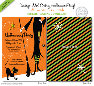 Make your Halloween celebration FANGtastic with our retro-modern invitation! Featuring vibrant colors, a whimsical witch, black kitty, and cheeky spider, this BOO-tiful design is perfect for your party. Easily customize with our self-editing app and download instantly to share via post, print, text, or Evite.