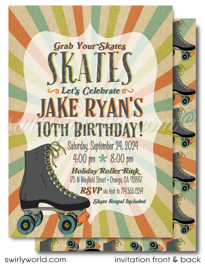 Roll back in time with our Vintage 70s Roller Skate Birthday Invitation! This digital bundle features a retro skate design, psychedelic backdrop, and cool distressed effect. Includes invitations, thank you cards, and envelopes. Easily customizable and perfect for a retro-themed party!