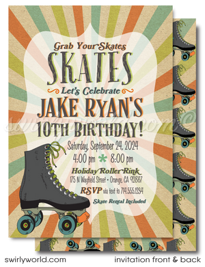 Roll back in time with our Vintage 70s Roller Skate Birthday Invitation! This digital bundle features a retro skate design, psychedelic backdrop, and cool distressed effect. Includes invitations, thank you cards, and envelopes. Easily customizable and perfect for a retro-themed party!