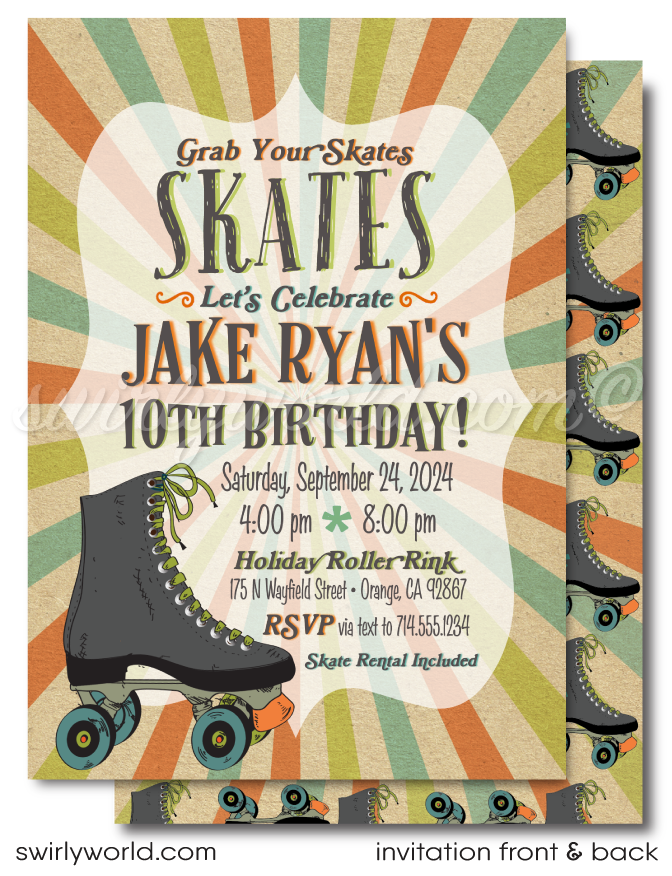 Get ready to roll back in time for your boy's birthday celebration with our Vintage 70s Aesthetic Roller Skate Theme Invitation. This bundle captures the essence of the 70s roller skate craze, featuring a design centered around a boys speed skate, complemented by a psychedelic backdrop, stylish retro fonts, and a cool distressed effect that adds an authentic vintage feel.