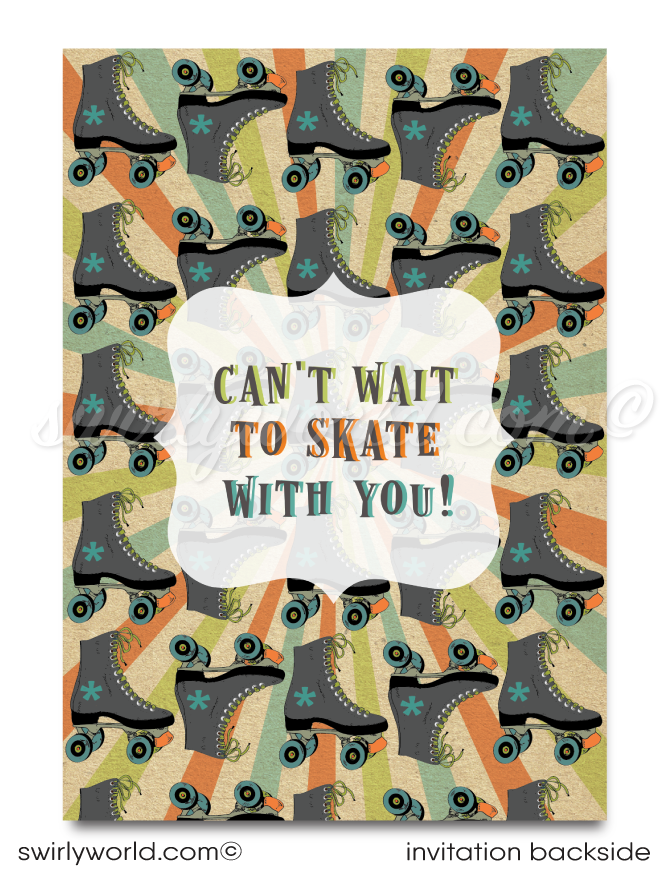 Roll back in time with our Vintage 70s Roller Skate Birthday Invitation! This digital bundle features a retro skate design, psychedelic backdrop, and cool distressed effect. Includes invitations, thank you cards, and envelopes. Easily customizable and perfect for a retro-themed party!