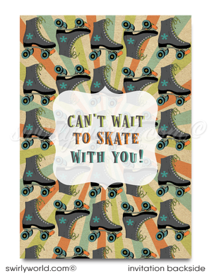 Roll back in time with our Vintage 70s Roller Skate Birthday Invitation set! Featuring a boy’s speed skate, psychedelic backdrop, and retro fonts, this bundle includes invitations, thank you cards, and envelopes. Customize with ease and enjoy expertly printed, vintage-themed party essentials delivered to your door!