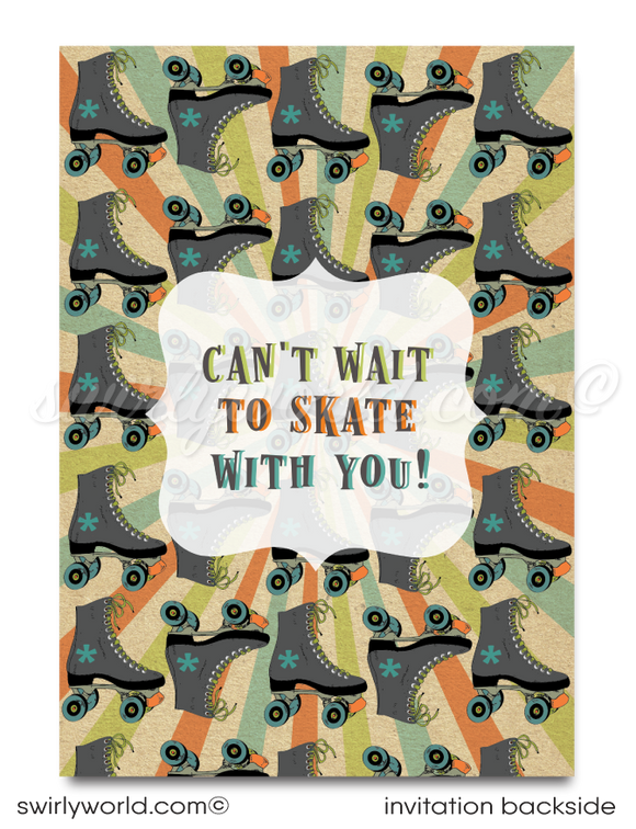Roll back in time with our Vintage 70s Roller Skate Birthday Invitation set! Featuring a boy’s speed skate, psychedelic backdrop, and retro fonts, this bundle includes invitations, thank you cards, and envelopes. Customize with ease and enjoy expertly printed, vintage-themed party essentials delivered to your door!