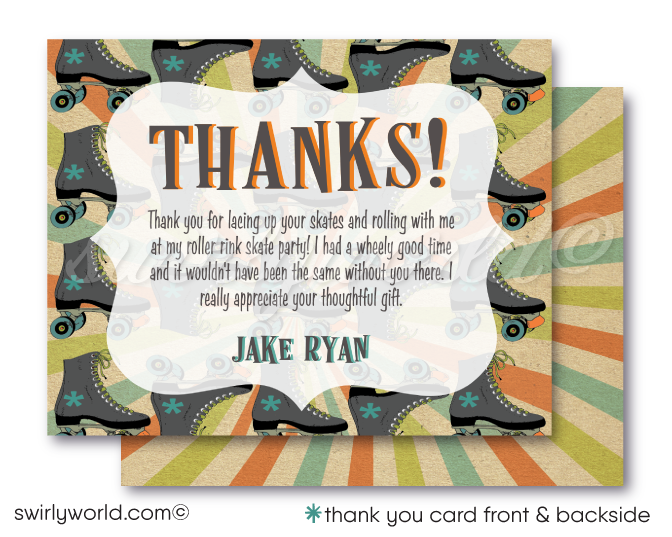 Roll back in time with our Vintage 70s Roller Skate Birthday Invitation! This digital bundle features a retro skate design, psychedelic backdrop, and cool distressed effect. Includes invitations, thank you cards, and envelopes. Easily customizable and perfect for a retro-themed party!