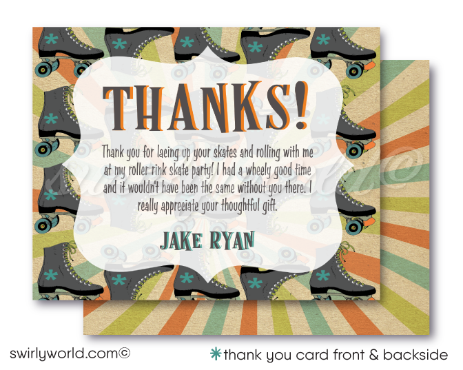 Roller Skate Rink Theme Roller Skating Birthday Party thank you cards for Boys Digital Download