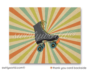 Roll back in time with our Vintage 70s Roller Skate Birthday Invitation set! Featuring a boy’s speed skate, psychedelic backdrop, and retro fonts, this bundle includes invitations, thank you cards, and envelopes. Customize with ease and enjoy expertly printed, vintage-themed party essentials delivered to your door!