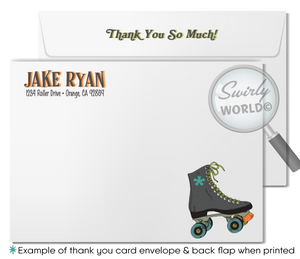 Roll back in time with our Vintage 70s Roller Skate Birthday Invitation set! Featuring a boy’s speed skate, psychedelic backdrop, and retro fonts, this bundle includes invitations, thank you cards, and envelopes. Customize with ease and enjoy expertly printed, vintage-themed party essentials delivered to your door!