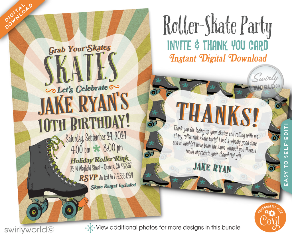 Roll back in time with our Vintage 70s Roller Skate Birthday Invitation! This digital bundle features a retro skate design, psychedelic backdrop, and cool distressed effect. Includes invitations, thank you cards, and envelopes. Easily customizable and perfect for a retro-themed party!