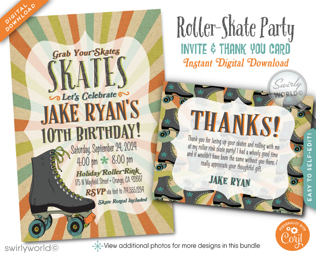 This digital bundle captures the essence of the 70s roller skate craze, featuring a design centered around a boys speed skate, complemented by a psychedelic backdrop, stylish retro fonts, and a cool distressed effect that adds an authentic vintage feel. Perfect for setting the stage for a retro-inspired roller skate party