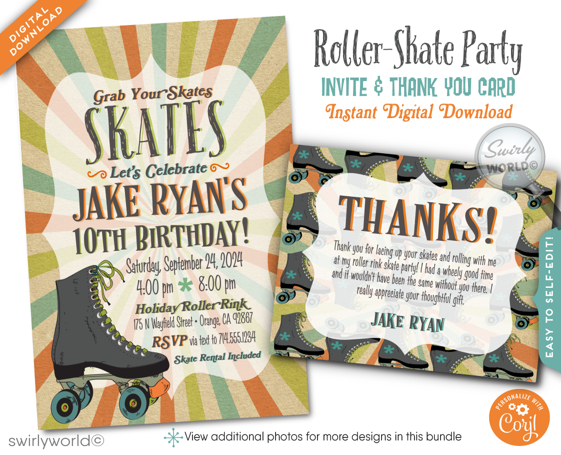 Roll back in time with our Vintage 70s Roller Skate Birthday Invitation! This digital bundle features a retro skate design, psychedelic backdrop, and cool distressed effect. Includes invitations, thank you cards, and envelopes. Easily customizable and perfect for a retro-themed party!