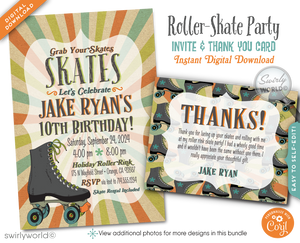 Roll back in time with our Vintage 70s Roller Skate Birthday Invitation! This digital bundle features a retro skate design, psychedelic backdrop, and cool distressed effect. Includes invitations, thank you cards, and envelopes. Easily customizable and perfect for a retro-themed party!