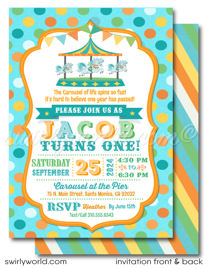Step right up to the grand spectacle of your little boy's first birthday with our Vintage Carousel-Themed Invitation Set. Timeless elegance meets whimsical charm in this retro-style set, including invitations, thank-you cards, and matching envelopes. Expertly printed and shipped for your convenience.
