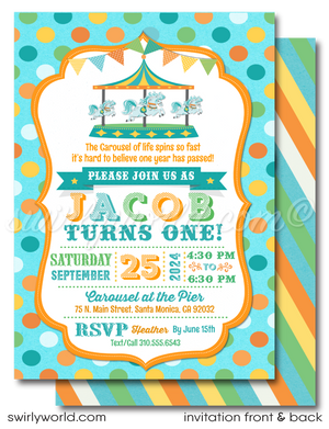 Step right up to the grand spectacle of your little boy's first birthday with our Vintage Carousel-Themed Invitation Set. Timeless elegance meets whimsical charm in this retro-style set, including invitations, thank-you cards, and matching envelopes. Expertly printed and shipped for your convenience.