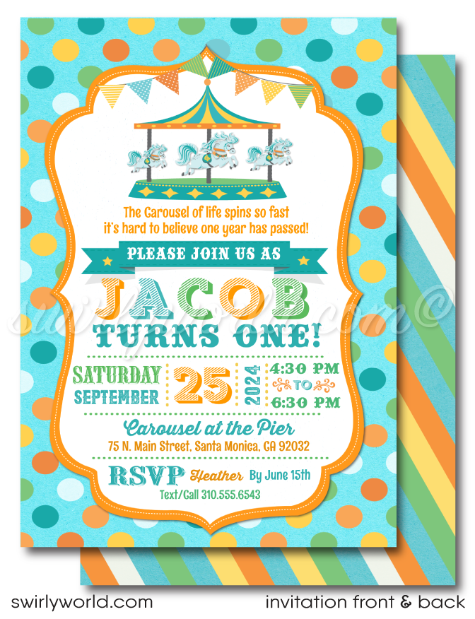 Vintage Carousel Carnival Retro Circus 1st Birthday Printed Invitations for Boys or Girls 