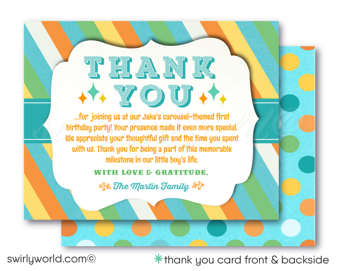 Whisk your guests away to a whimsical world with our Retro-Style Carousel First Birthday Invitation. This digital bundle includes invitations, thank-you cards, and complementary envelope designs, capturing nostalgic fun and timeless elegance. Effortlessly plan your celebration with this eco-friendly and stylish set.