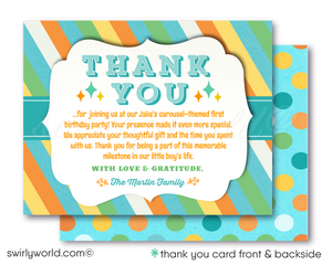 Whisk your guests away to a whimsical world with our Retro-Style Carousel First Birthday Invitation. This digital bundle includes invitations, thank-you cards, and complementary envelope designs, capturing nostalgic fun and timeless elegance. Effortlessly plan your celebration with this eco-friendly and stylish set.