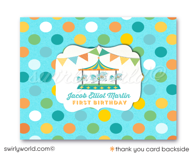 Vintage Pastel Colors Retro Horse Carousel 1st Birthday Invitation Digital Download