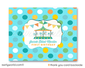 Vintage Carousel Carnival Retro Circus 1st Birthday Printed Invitations for Boys or Girls Vintage Carousel Carnival Retro Circus 1st Birthday Printed Thank You Cards for Boys or Girls