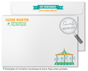 Step right up to the grand spectacle of your little boy's first birthday with our Vintage Carousel-Themed Invitation Set. Timeless elegance meets whimsical charm in this retro-style set, including invitations, thank-you cards, and matching envelopes. Expertly printed and shipped for your convenience.