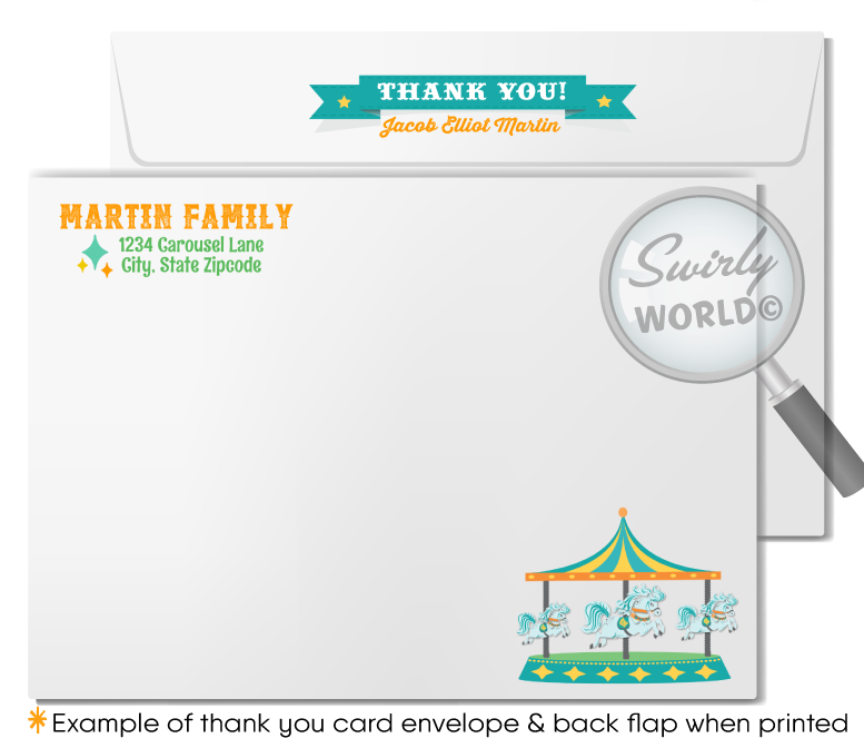 Whisk your guests away to a whimsical world with our Retro-Style Carousel First Birthday Invitation. This digital bundle includes invitations, thank-you cards, and complementary envelope designs, capturing nostalgic fun and timeless elegance. Effortlessly plan your celebration with this eco-friendly and stylish set.