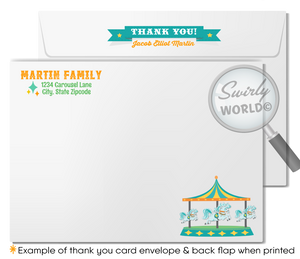 Step right up to the grand spectacle of your little boy's first birthday with our Vintage Carousel-Themed Invitation Set. Timeless elegance meets whimsical charm in this retro-style set, including invitations, thank-you cards, and matching envelopes. Expertly printed and shipped for your convenience.
