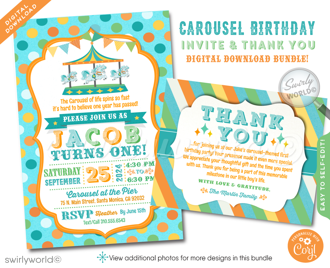Whisk your guests away to a whimsical world with our Retro-Style Carousel First Birthday Invitation. This digital bundle includes invitations, thank-you cards, and complementary envelope designs, capturing nostalgic fun and timeless elegance. Effortlessly plan your celebration with this eco-friendly and stylish set.