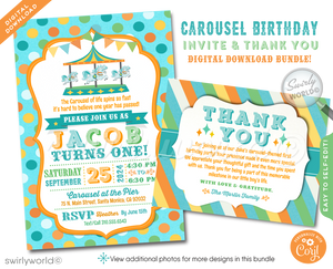 Whisk your guests away to a whimsical world with our Retro-Style Carousel First Birthday Invitation. This digital bundle includes invitations, thank-you cards, and complementary envelope designs, capturing nostalgic fun and timeless elegance. Effortlessly plan your celebration with this eco-friendly and stylish set.