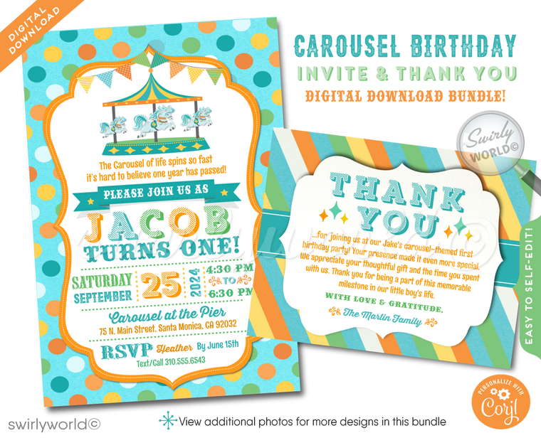 Vintage Pastel Colors Retro Horse Carousel 1st Birthday Invitation Digital Download