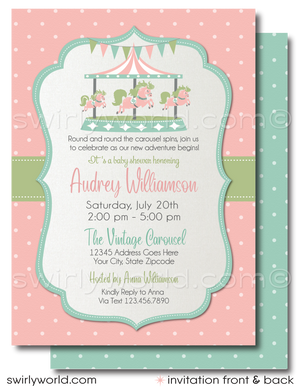Invite guests to a nostalgic carousel-themed baby shower with Swirly World's Vintage Carousel Invitation Set. Features pastel colors, retro typography, and classic polka dots. Easily editable on Corjl. Perfect for a charming celebration at a park carousel. Includes invitations, thank you cards, and envelopes.