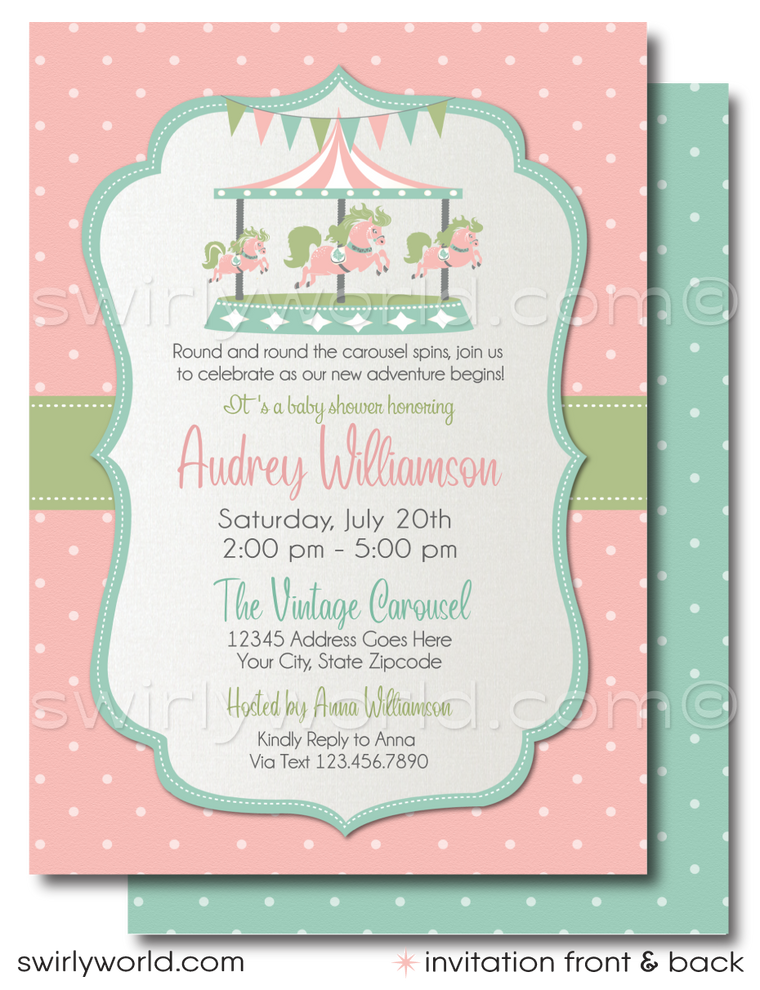 Vintage Carousel Pink and Mint Green Girl Printed Baby Shower Invitations