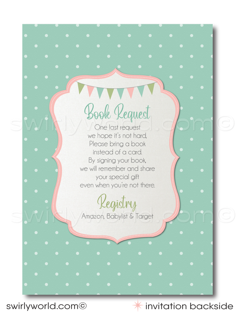 Invite guests to a nostalgic carousel-themed baby shower with Swirly World's Vintage Carousel Invitation Set. Features pastel colors, retro typography, and classic polka dots. Book Request card.Easily editable on Corjl. Perfect for a charming celebration at a park carousel. Includes invitations, thank you cards, and envelopes.