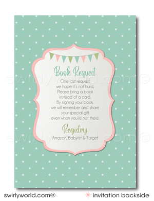 Invite guests to a nostalgic carousel-themed baby shower with Swirly World's Vintage Carousel Invitation Set. Features pastel colors, retro typography, and classic polka dots. Book Request card.Easily editable on Corjl. Perfect for a charming celebration at a park carousel. Includes invitations, thank you cards, and envelopes.