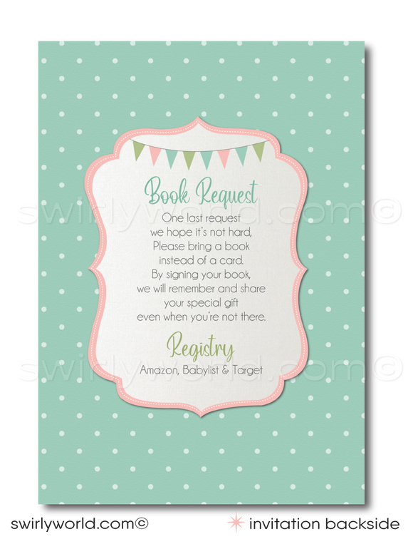 Vintage Carousel Pink and Mint Green Girl Printed Baby Shower Invitations