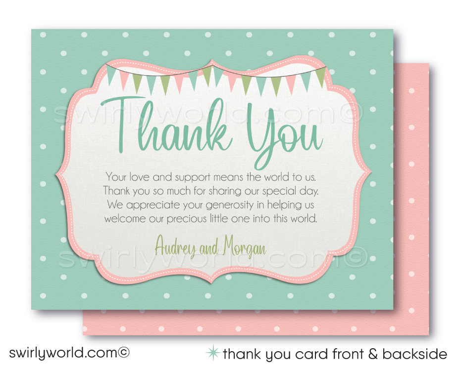 Vintage Carousel Pink and Mint Green Girl Printed Baby Shower Invitations