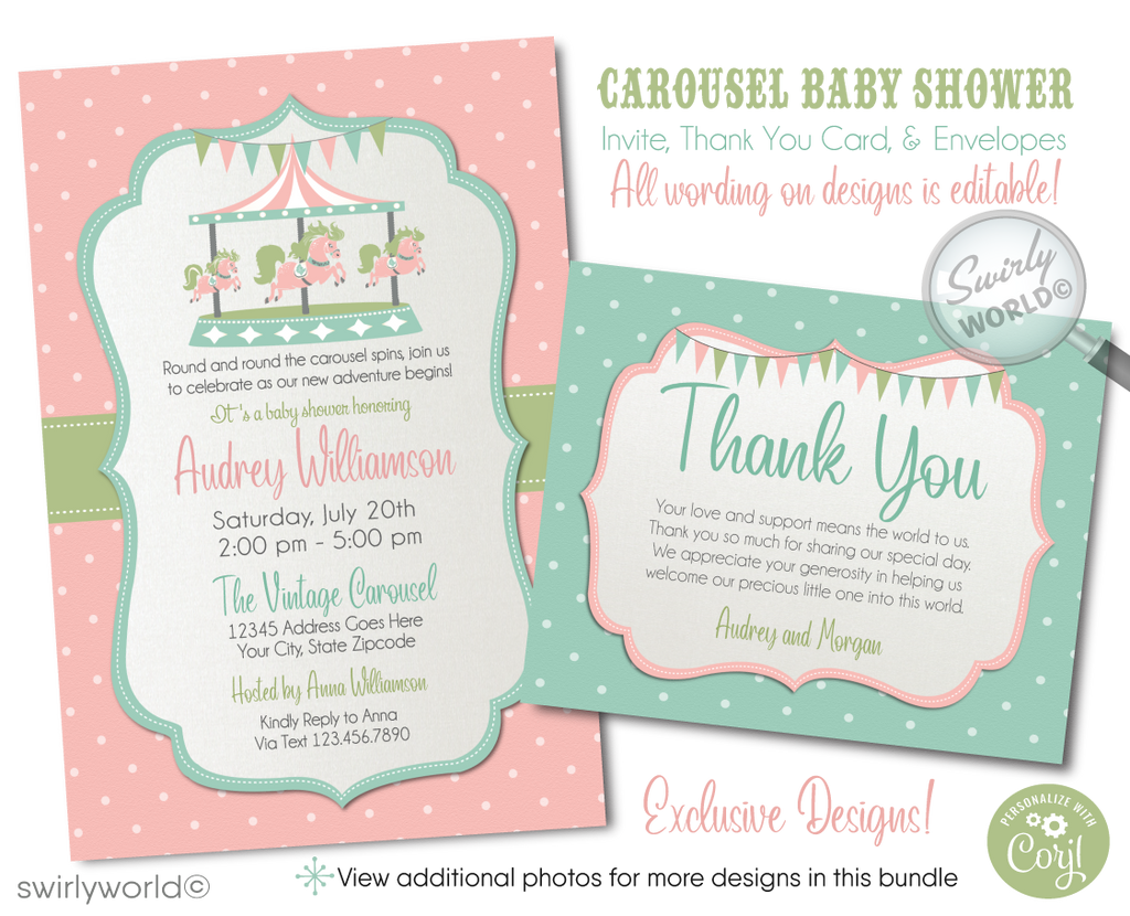 Invite guests to a nostalgic carousel-themed baby shower with Swirly World's Vintage Carousel Invitation Set. Features pastel colors, retro typography, and classic polka dots. Easily editable on Corjl. Perfect for a charming celebration at a park carousel. Includes invitations, thank you cards, and envelopes.