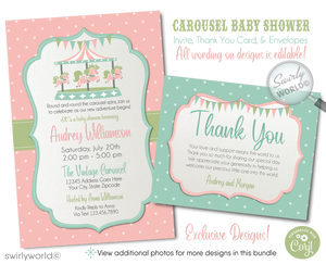 Invite guests to a nostalgic carousel-themed baby shower with Swirly World's Vintage Carousel Invitation Set. Features pastel colors, retro typography, and classic polka dots. Easily editable on Corjl. Perfect for a charming celebration at a park carousel. Includes invitations, thank you cards, and envelopes.