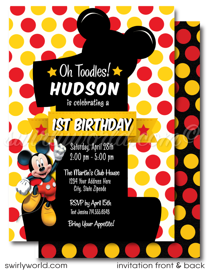 Celebrate your little one's milestone with our Classic Vintage-Style Mickey Mouse 1st Birthday Invitation Set. This digital bundle features whimsical red and yellow polka dots against a black, mouse-shaped background. Easily customizable with Corjl, it includes invitations, thank you cards, and coordinating envelopes.