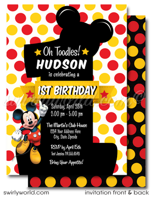 Celebrate your little one's milestone with our Vintage Red and Yellow Polkadot Mickey Mouse 1st Birthday Invitation Set! 🎈🐭 Featuring charming Mickey-inspired designs, heartfelt thank you cards, and coordinating envelopes. Personalize easily for a magical and unforgettable celebration. High-quality printed invitations!