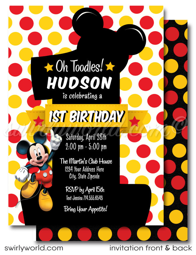 Vintage Classic Mickey Mouse Disney First 1st Birthday Party Invitation for Girl or Boy