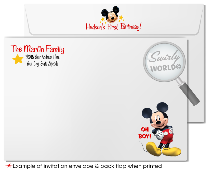 Celebrate your little one's milestone with our Classic Vintage-Style Mickey Mouse 1st Birthday Invitation Set. This digital bundle features whimsical red and yellow polka dots against a black, mouse-shaped background. Easily customizable with Corjl, it includes invitations, thank you cards, and coordinating envelopes.