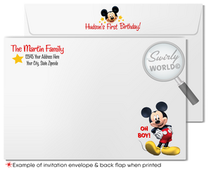 Celebrate your little one's milestone with our Classic Vintage-Style Mickey Mouse 1st Birthday Invitation Set. This digital bundle features whimsical red and yellow polka dots against a black, mouse-shaped background. Easily customizable with Corjl, it includes invitations, thank you cards, and coordinating envelopes.